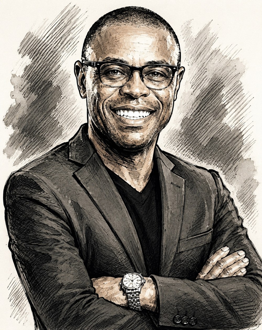 Portrait of André-Michel Essoungou, drawn in ink and wash: a smiling man in glasses and a dark jacket, arms folded.