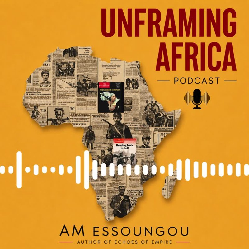 Visuel du podcast Unframing Africa : une carte de l'Afrique en coupures de presse au-dessus d'une onde sonore.